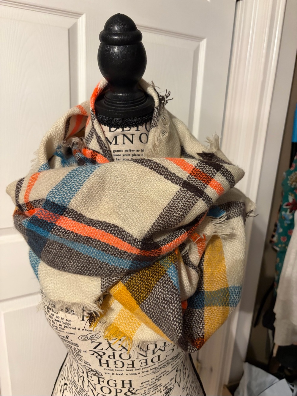 Cozy Plaid Fringe Infinity Scarf in Cream, Blue, Orange, Yellow